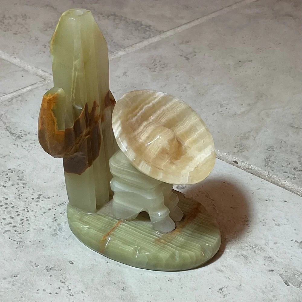 Vintage Mexican carved onyx sombrero man siesta and cactus statue.